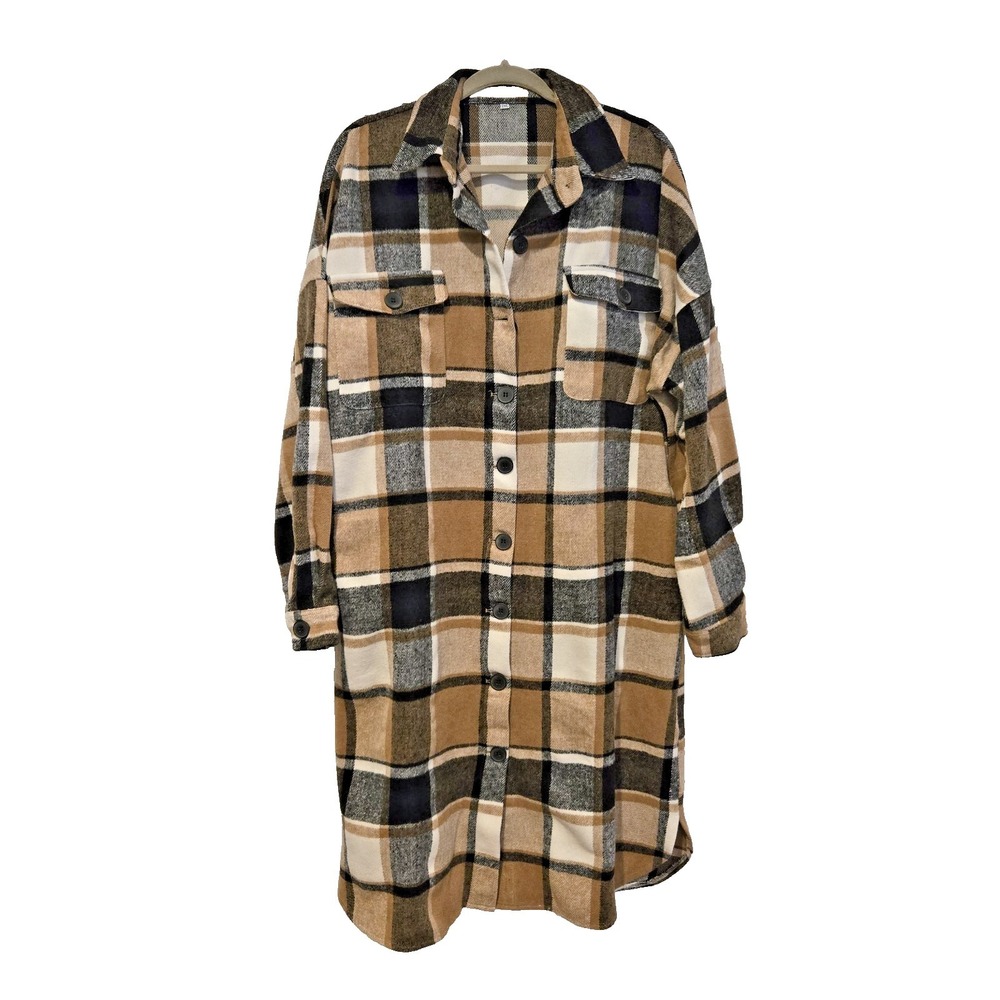 Women's  Maxi Length  Plaid Button Down Flannel  Shirt Shacket Pockets Cozy  2XL